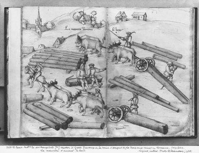 Silver Mine of La Croix-aux-Mines, Lorraine, fol.3v and 4r, Transporting Wood, c.1530 by Heinrich Gross or Groff